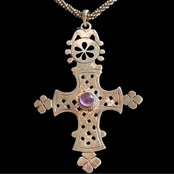 Vintage Sterling Silver Handmade Ethiopian Coptic Cross w/ 925 Popcorn Chain - Picture 2 of 11